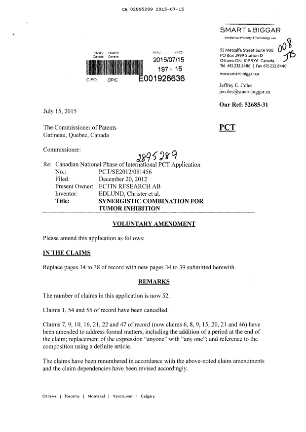 Canadian Patent Document 2895289. Amendment 20150715. Image 1 of 8