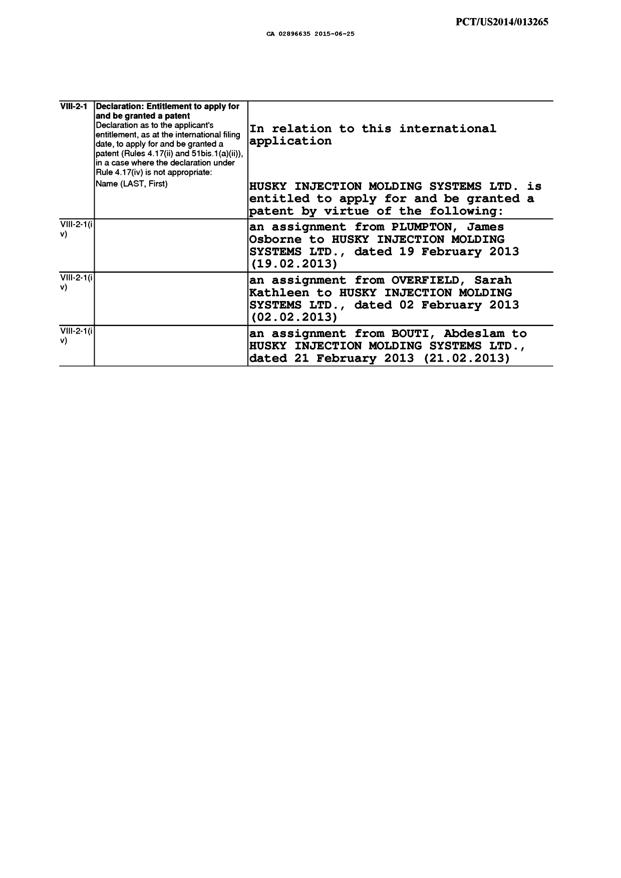 Canadian Patent Document 2896635. Declaration 20150625. Image 1 of 1