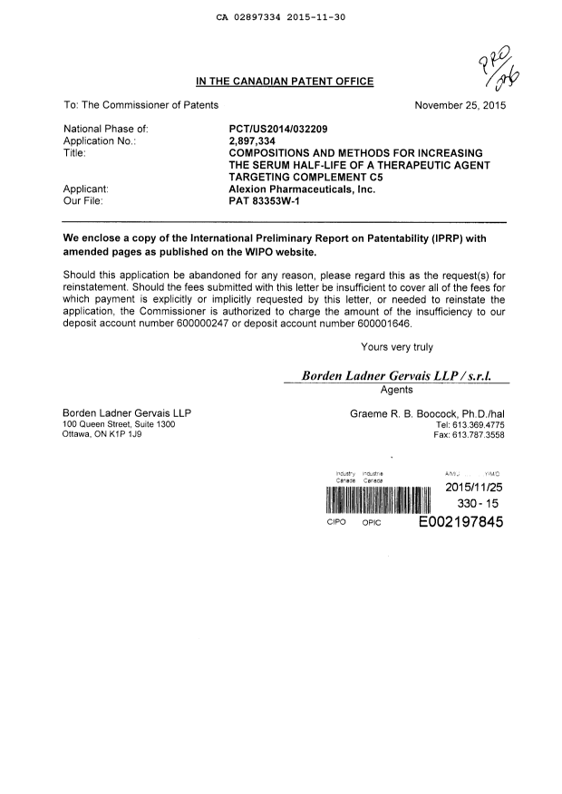 Canadian Patent Document 2897334. International Preliminary Examination Report 20151130. Image 1 of 1