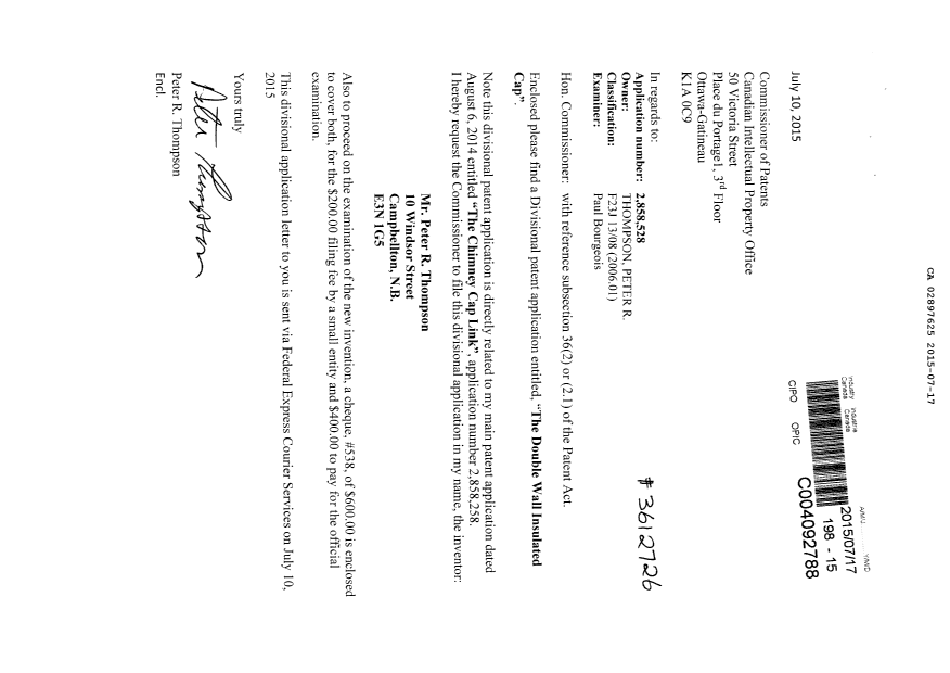 Document de brevet canadien 2897625. Nouvelle demande 20150717. Image 1 de 3