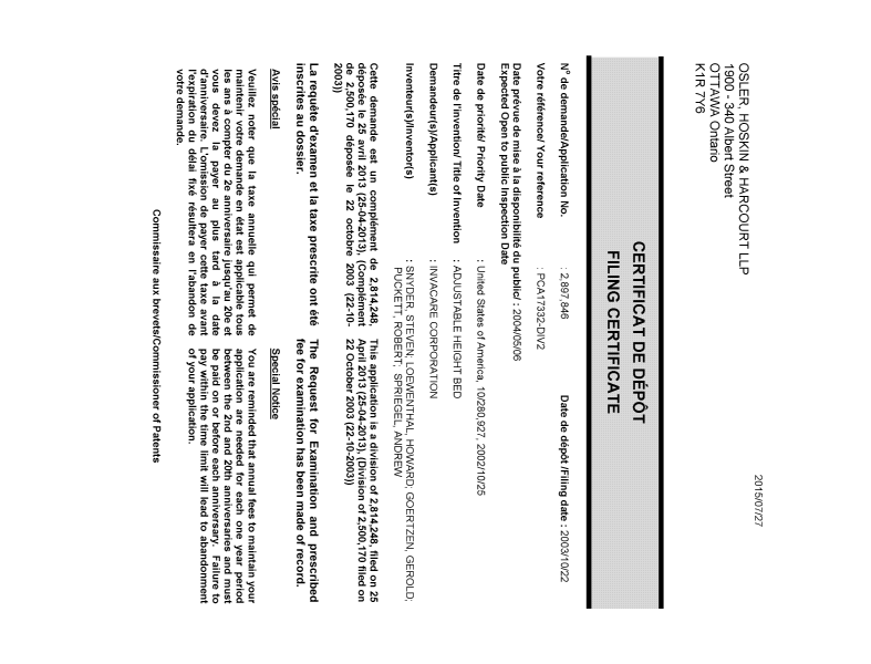Document de brevet canadien 2897846. Correspondance 20141227. Image 1 de 1