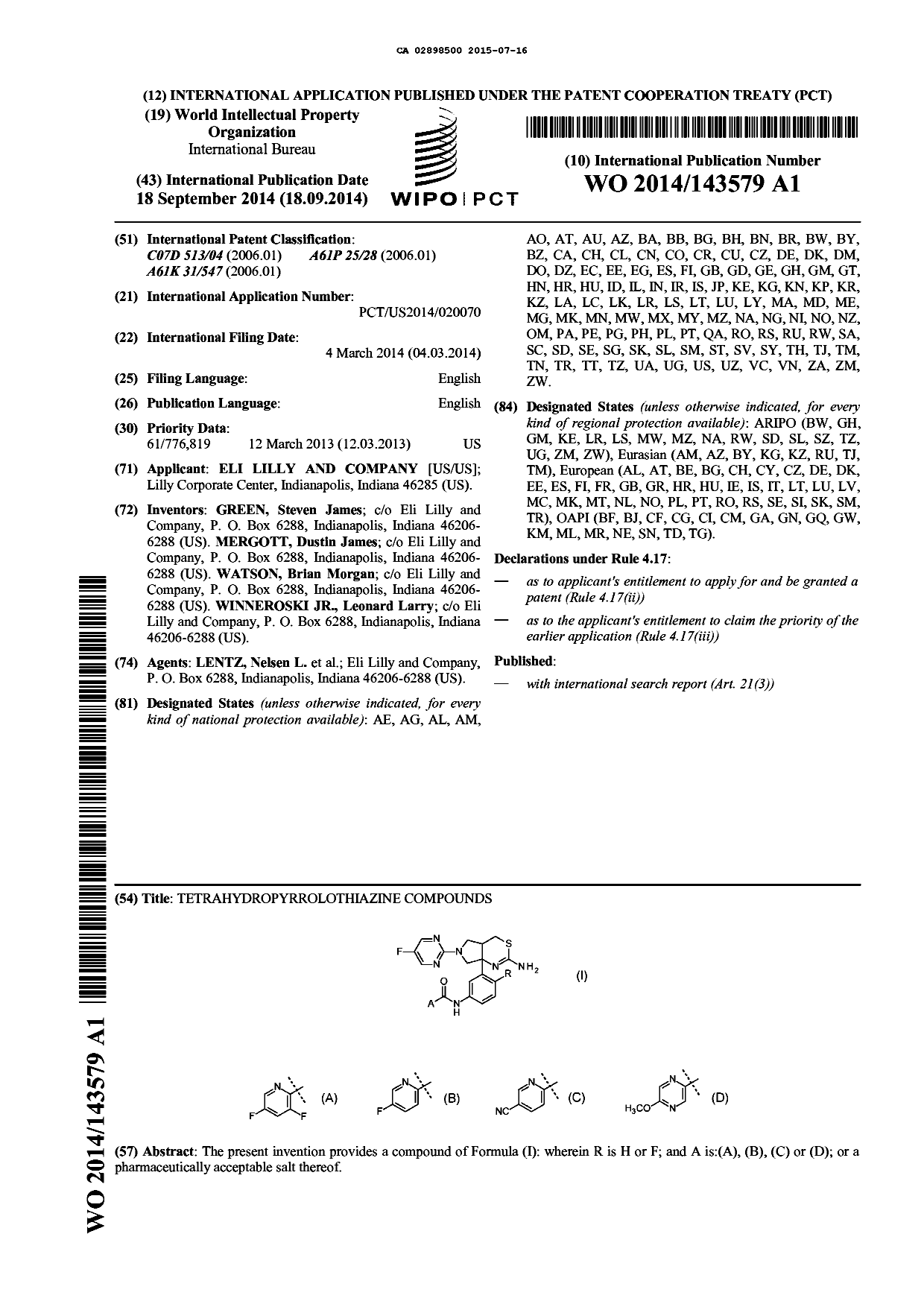 Document de brevet canadien 2898500. Abrégé 20150716. Image 1 de 1