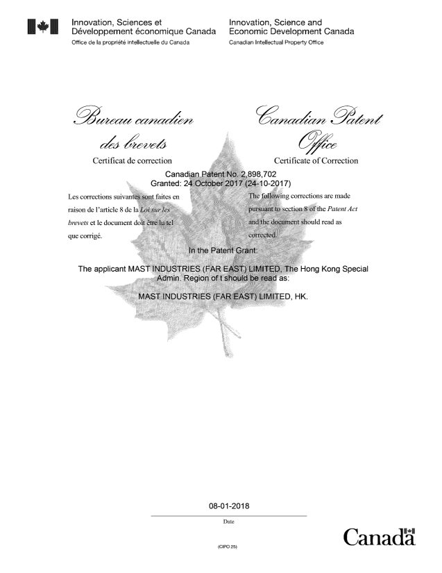 Document de brevet canadien 2898702. Page couverture 20180108. Image 2 de 2