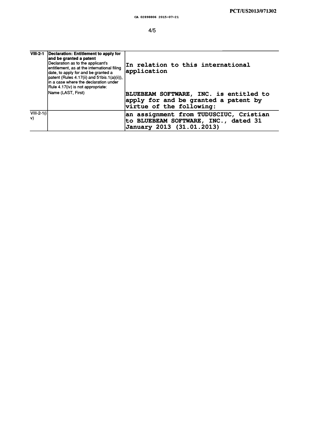 Canadian Patent Document 2898806. Declaration 20150721. Image 1 of 1