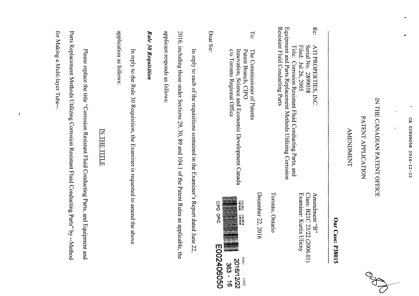Canadian Patent Document 2899058. Prosecution-Amendment 20151222. Image 1 of 25