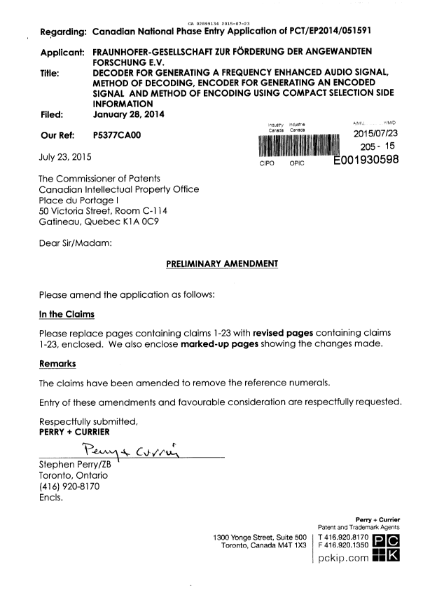 Canadian Patent Document 2899134. Prosecution-Amendment 20141223. Image 1 of 17
