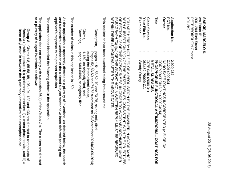 Document de brevet canadien 2900282. Demande d'examen 20150828. Image 1 de 4