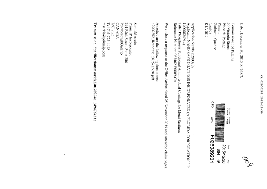 Document de brevet canadien 2900282. Modification 20151230. Image 1 de 8