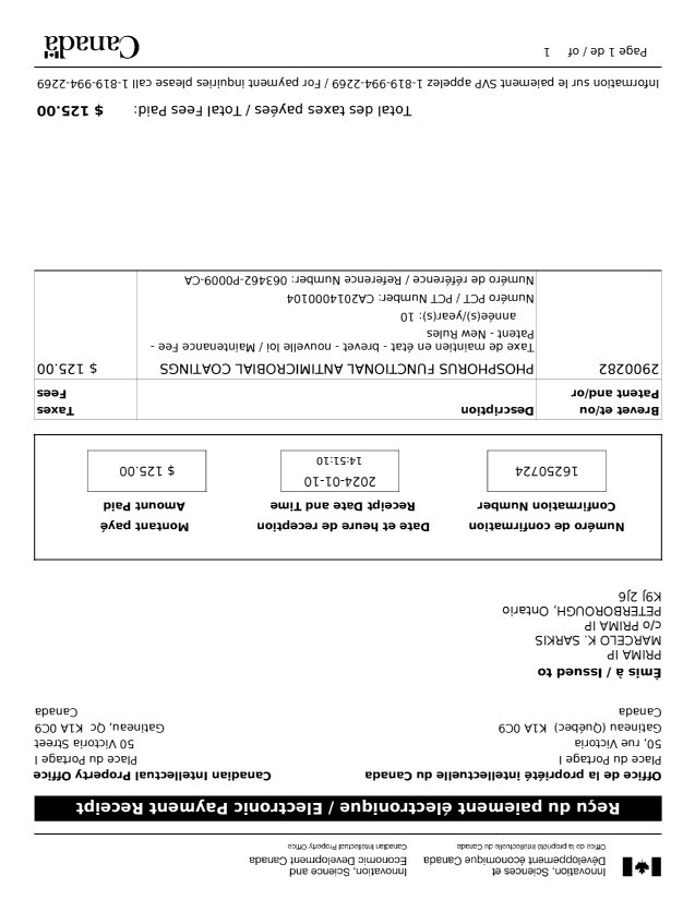 Canadian Patent Document 2900282. Maintenance Fee Payment 20240110. Image 1 of 1