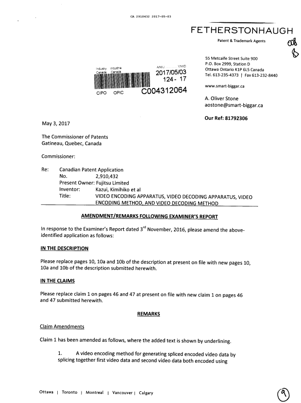 Canadian Patent Document 2910432. Amendment 20170503. Image 1 of 9
