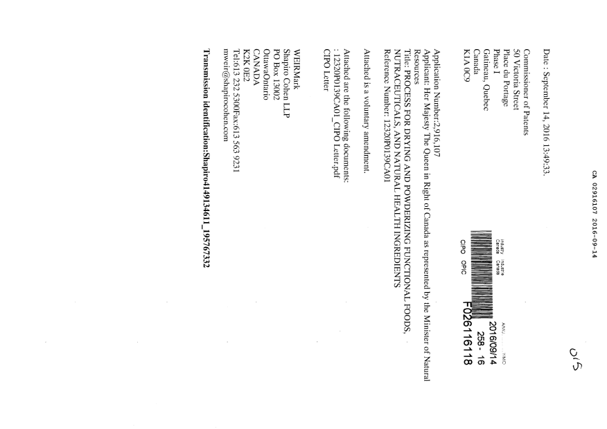 Document de brevet canadien 2916107. Modification après acceptation 20160914. Image 1 de 3
