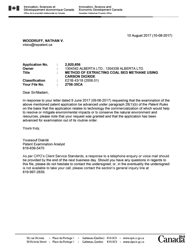 Document de brevet canadien 2920656. Ordonnance spéciale - Verte acceptée 20170810. Image 1 de 1