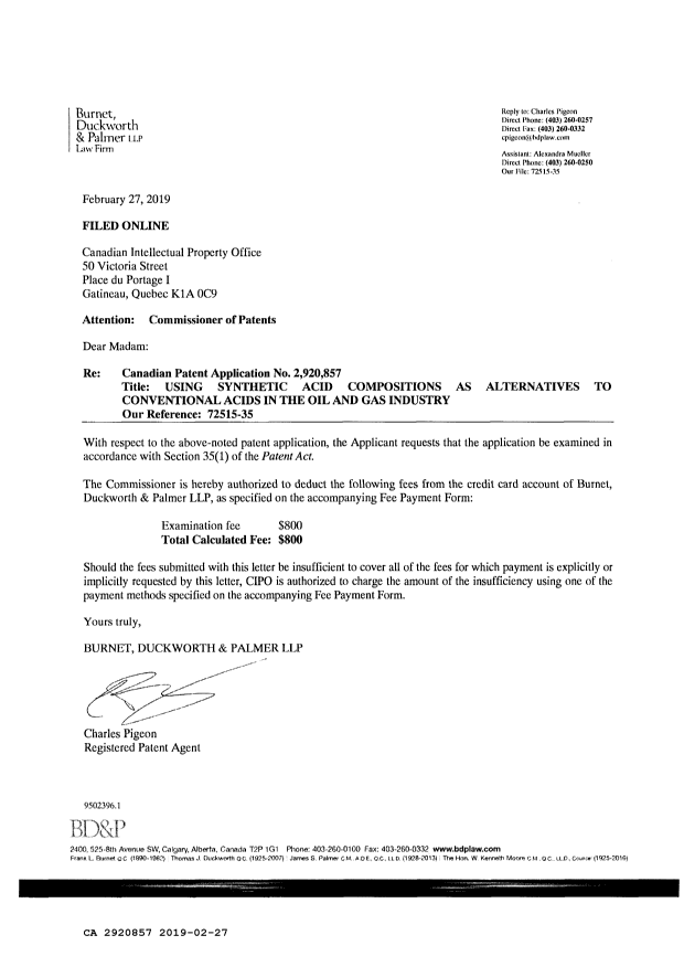 Document de brevet canadien 2920857. Requête d'examen 20190227. Image 2 de 2