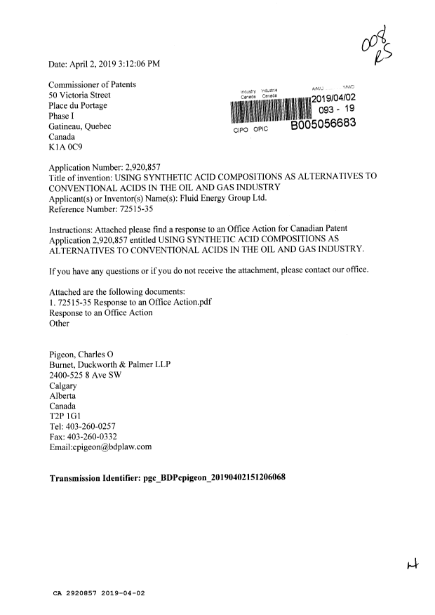 Document de brevet canadien 2920857. Modification 20190402. Image 1 de 4