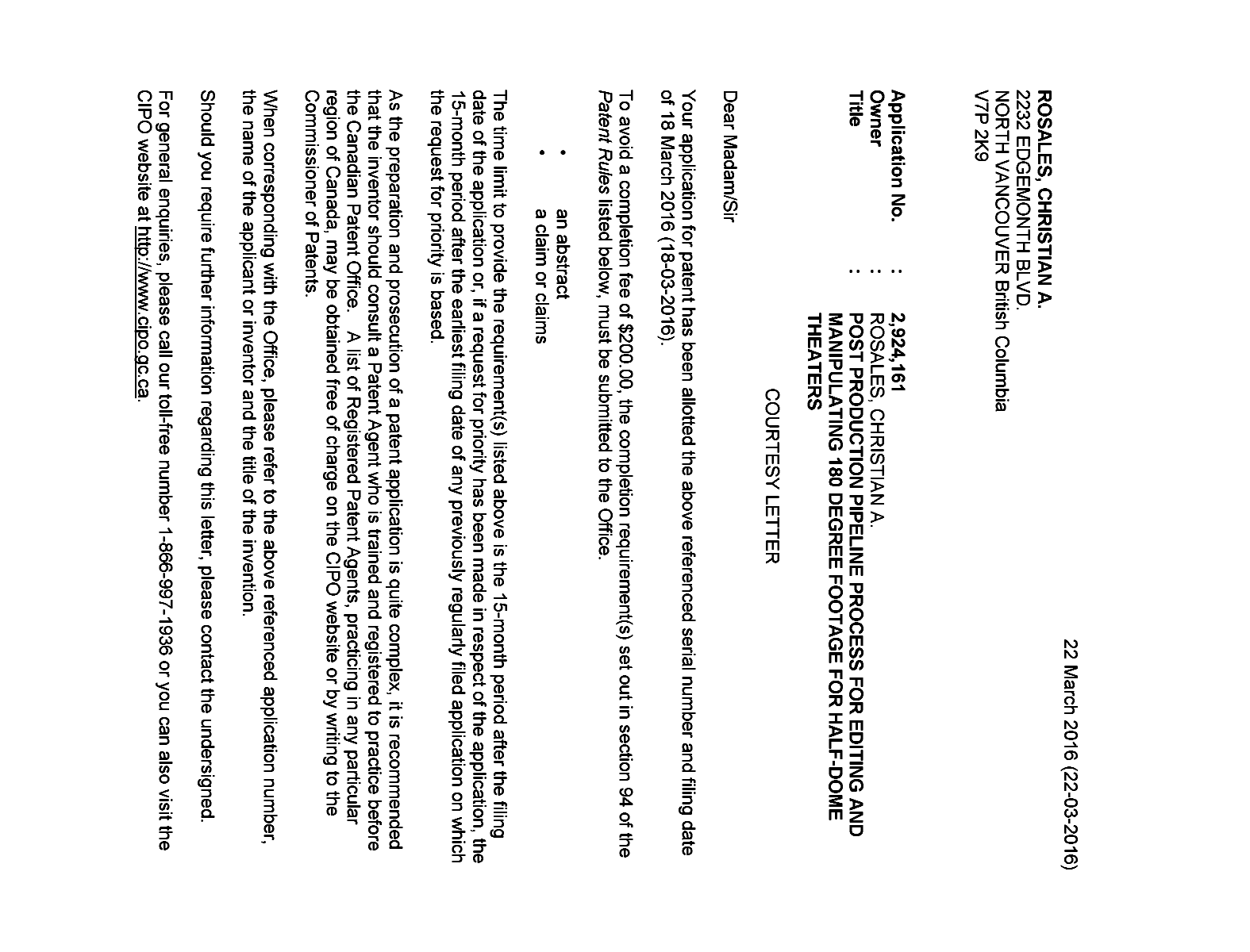 Canadian Patent Document 2924161. Correspondence 20151222. Image 1 of 2