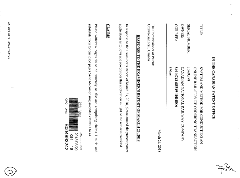 Document de brevet canadien 2969278. Modification 20180329. Image 1 de 17