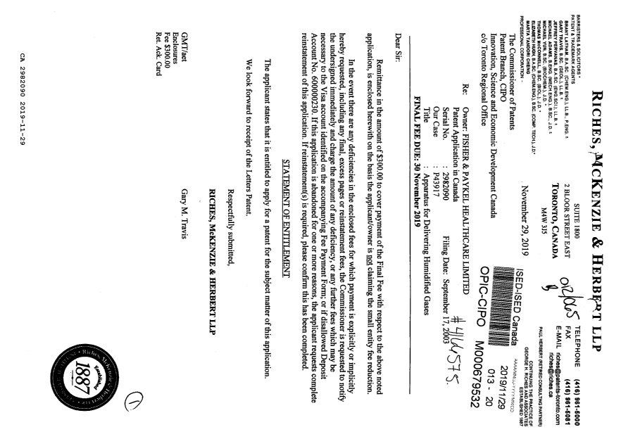 Document de brevet canadien 2982090. Taxe finale 20191129. Image 1 de 1