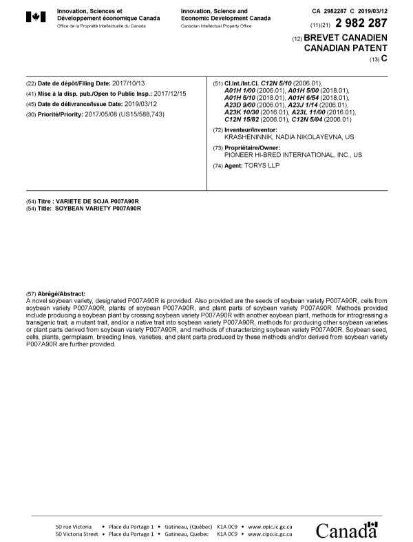 Document de brevet canadien 2982287. Page couverture 20190214. Image 1 de 1