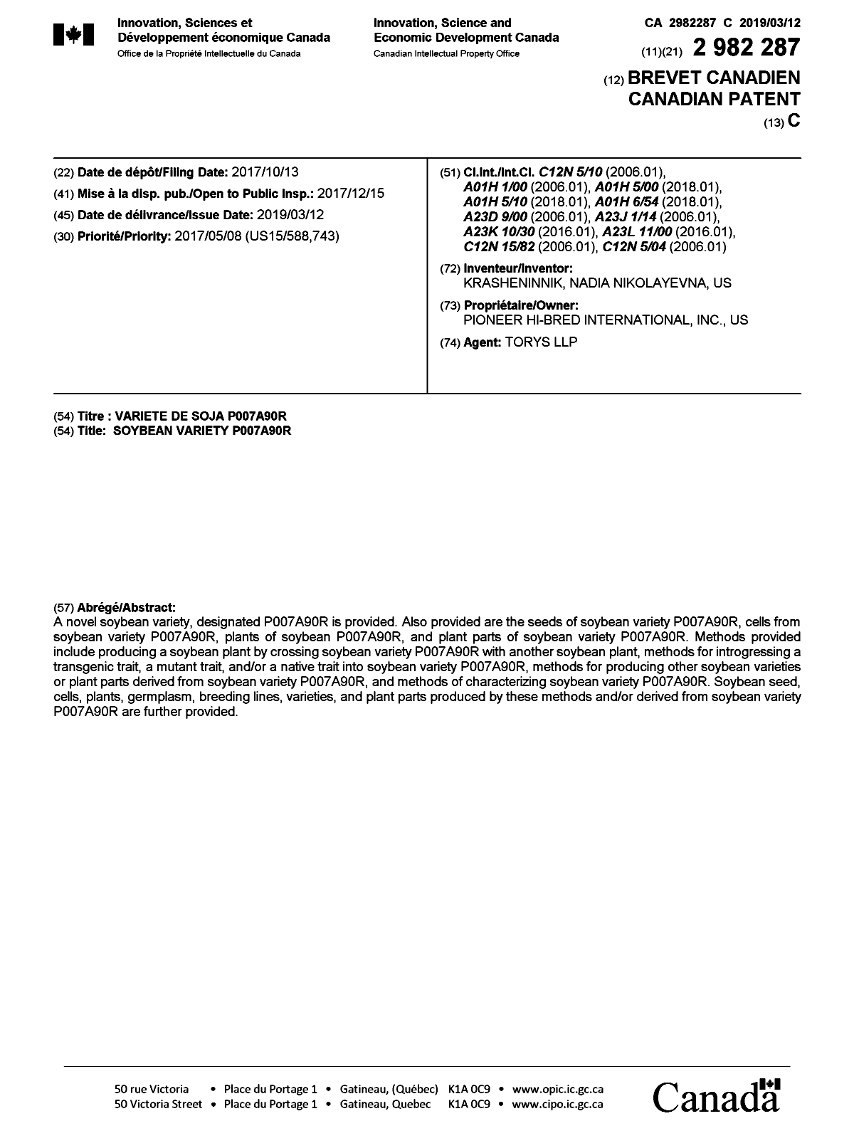 Canadian Patent Document 2982287. Cover Page 20190214. Image 1 of 1