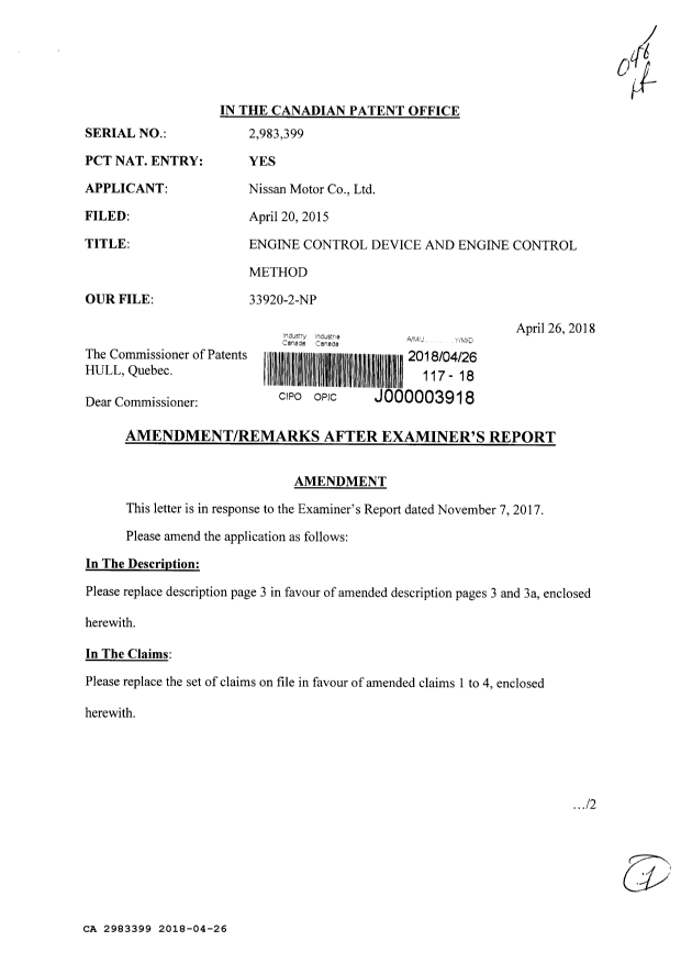 Canadian Patent Document 2983399. Amendment 20180426. Image 1 of 7