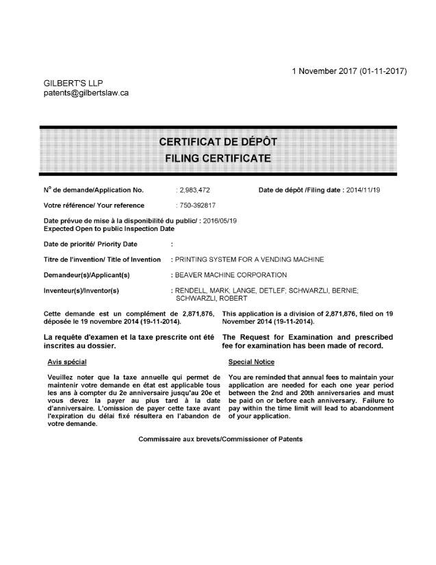 Canadian Patent Document 2983472. Divisional - Filing Certificate 20171101. Image 1 of 1