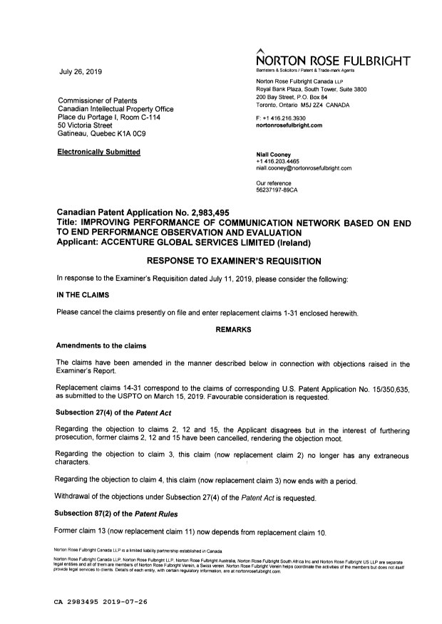 Document de brevet canadien 2983495. Modification 20190726. Image 2 de 14