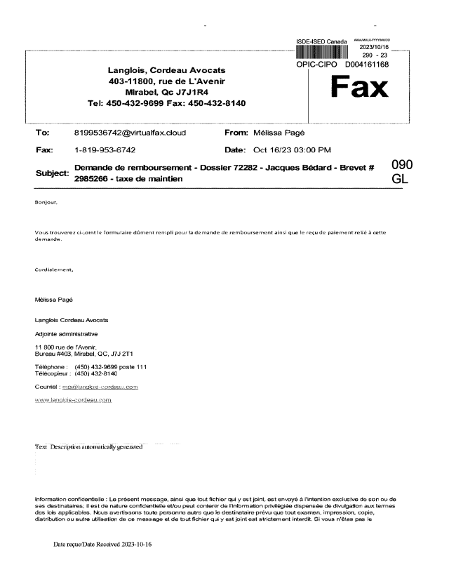 Document de brevet canadien 2985266. Remboursement 20231016. Image 1 de 9