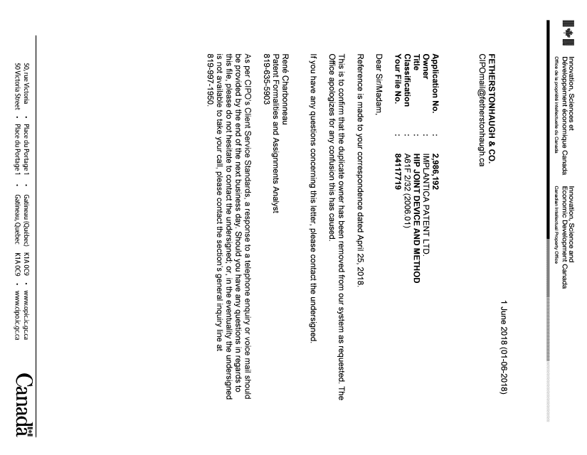 Document de brevet canadien 2986192. Lettre du bureau 20180601. Image 1 de 1