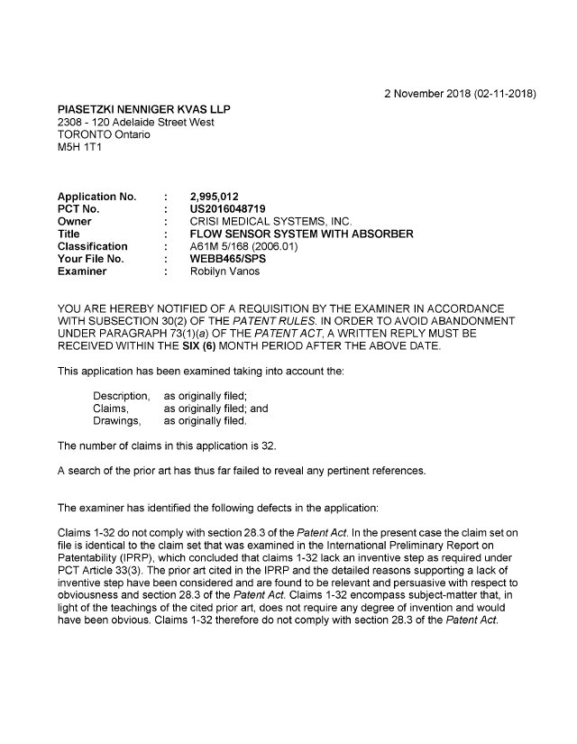 Document de brevet canadien 2995012. Demande d'examen 20181102. Image 1 de 3