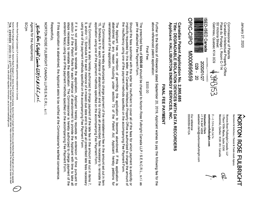 Document de brevet canadien 2995685. Taxe finale 20200127. Image 1 de 1