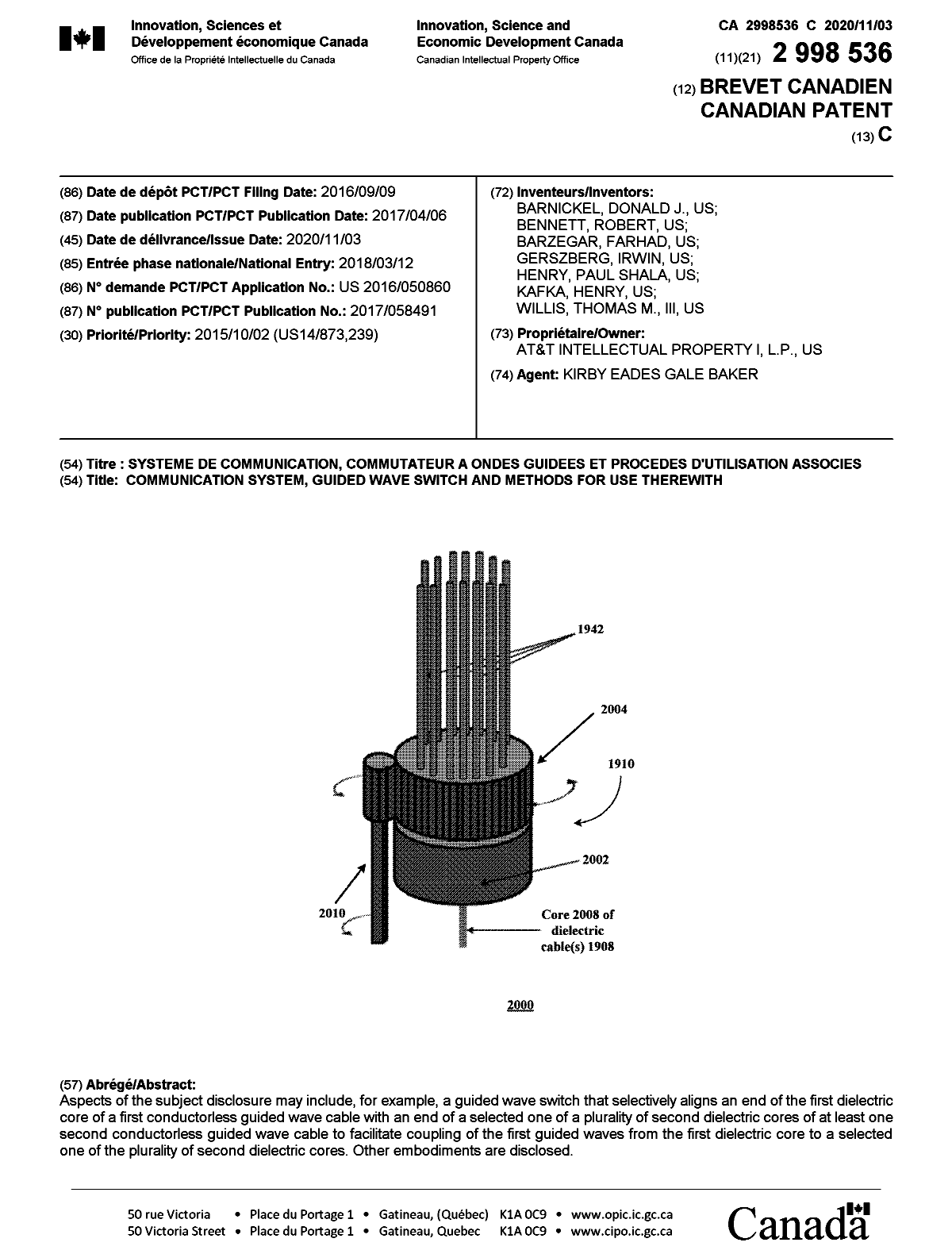 Document de brevet canadien 2998536. Page couverture 20201009. Image 1 de 1