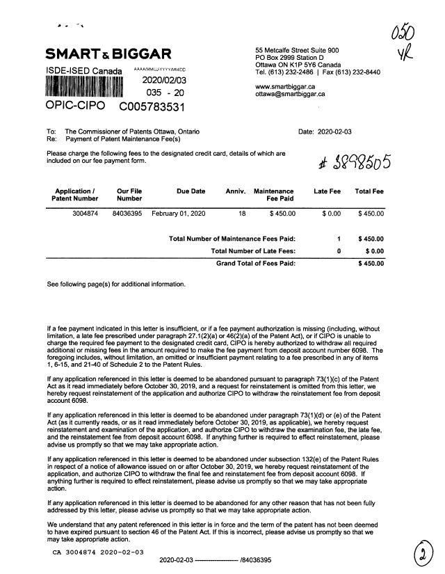 Canadian Patent Document 3004874. Maintenance Fee Payment 20200203. Image 1 of 2