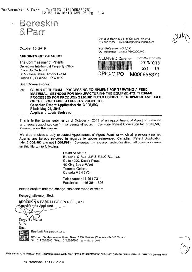 Document de brevet canadien 3005593. Changement de nomination d'agent 20191018. Image 1 de 3