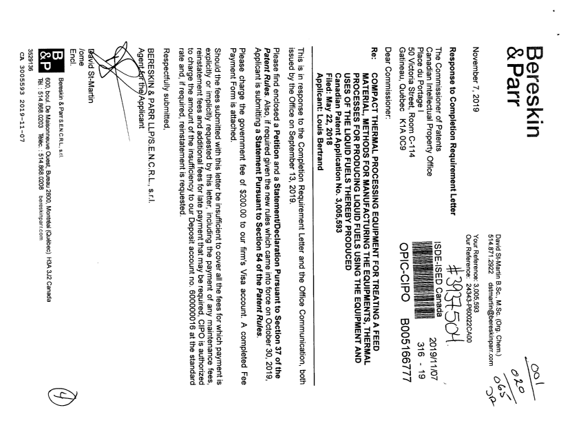 Canadian Patent Document 3005593. Correspondence Related to Formalities 20191107. Image 1 of 4