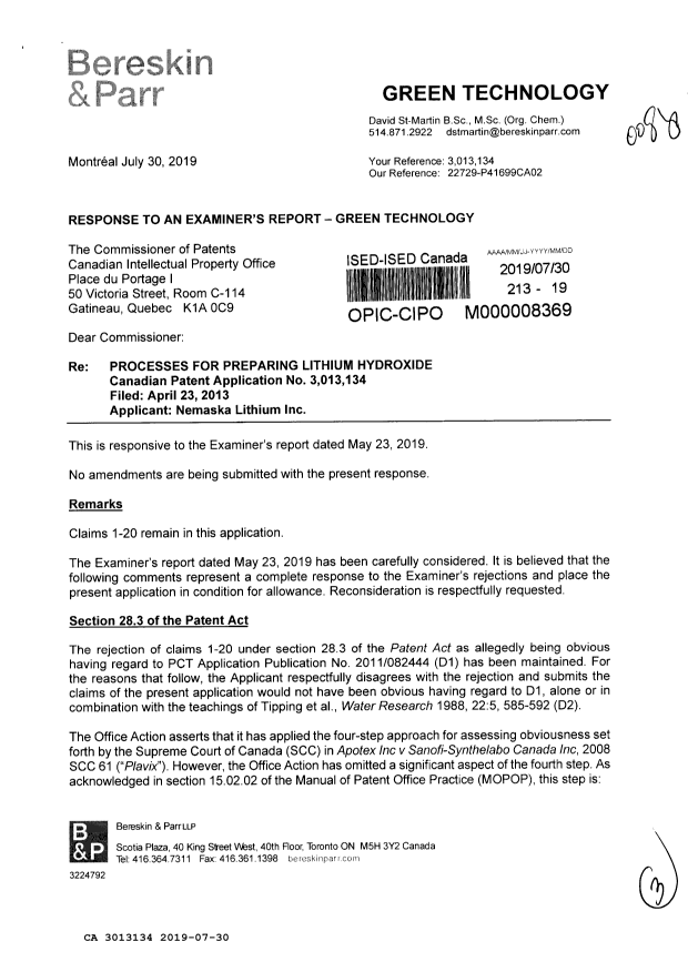 Document de brevet canadien 3013134. Modification 20181230. Image 1 de 3