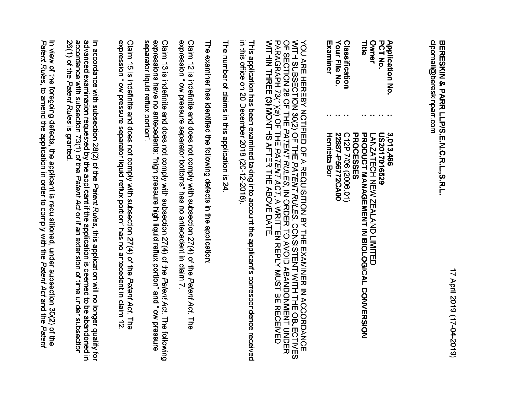 Document de brevet canadien 3013466. R30(2) Requête de l'examinateur 20181217. Image 1 de 3
