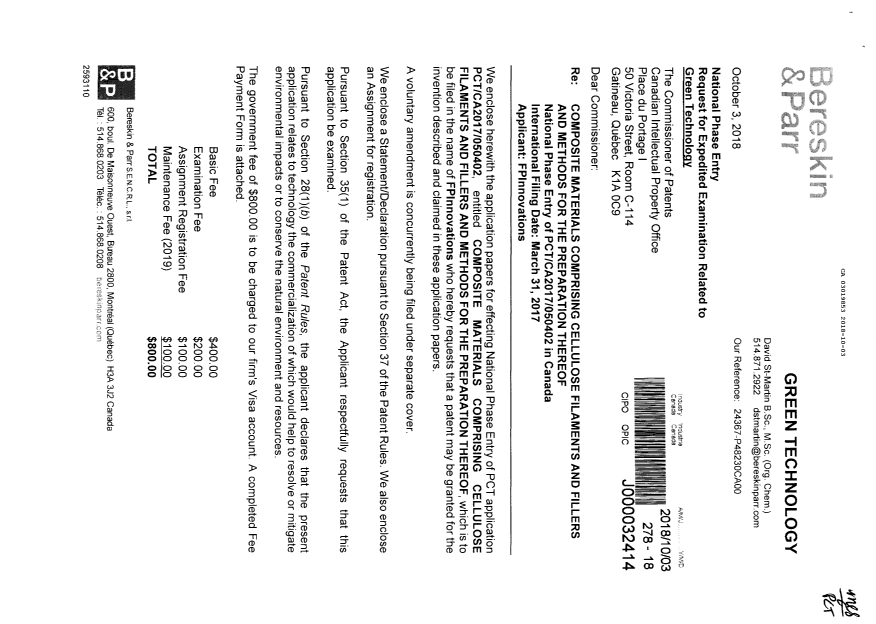 Document de brevet canadien 3019853. Demande d'entrée en phase nationale 20181003. Image 1 de 10