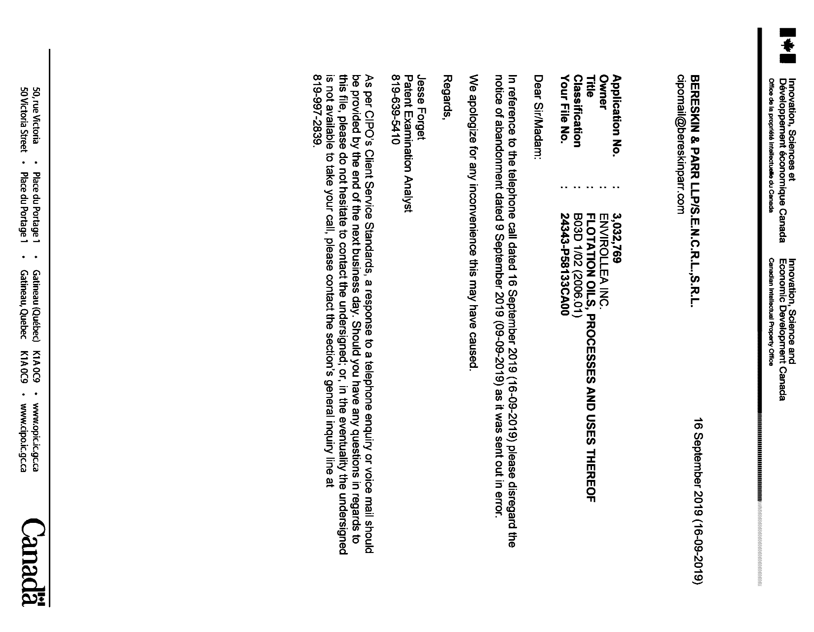 Document de brevet canadien 3032769. Lettre du bureau 20181216. Image 1 de 1