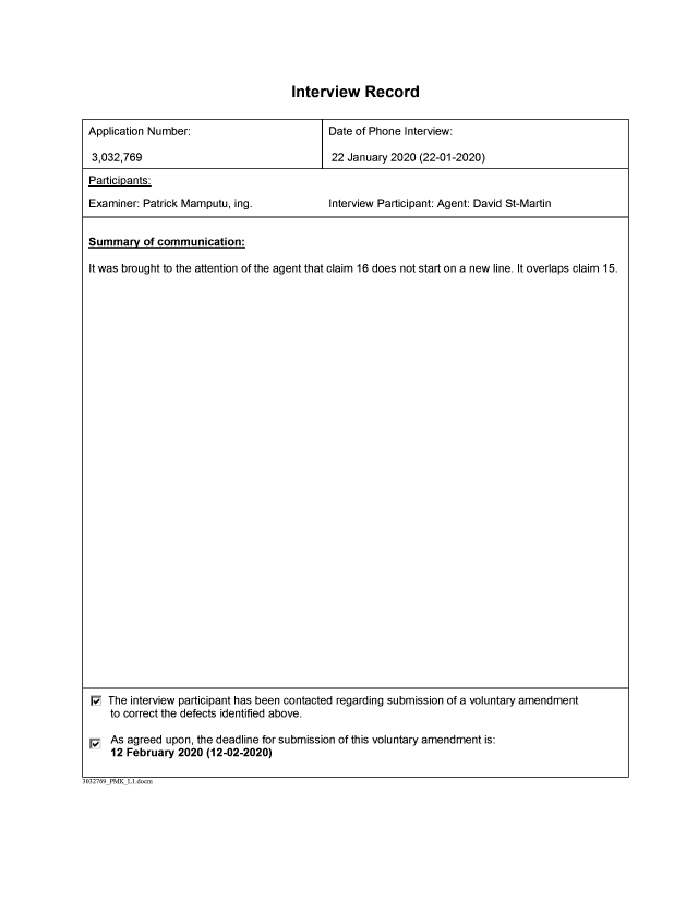 Document de brevet canadien 3032769. Enregistrer une note relative à une entrevue (Acti 20200122. Image 1 de 1