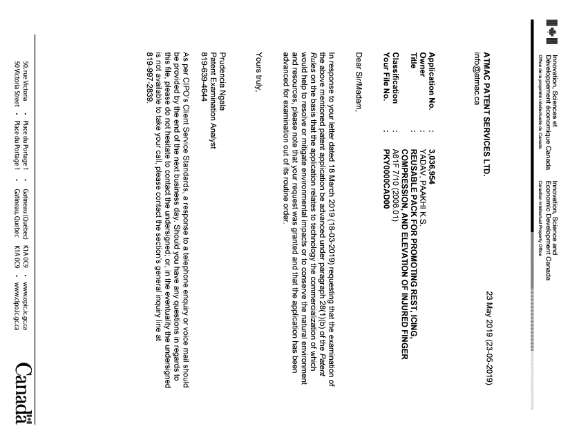Document de brevet canadien 3036954. Ordonnance spéciale - Verte acceptée 20181223. Image 1 de 1